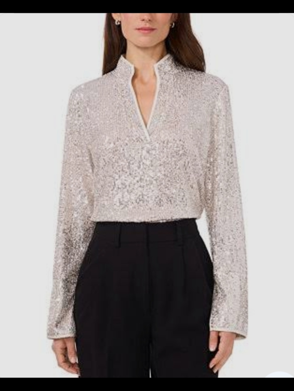 Vince Camuto Silver Sequin Long-Sleeve Blouse